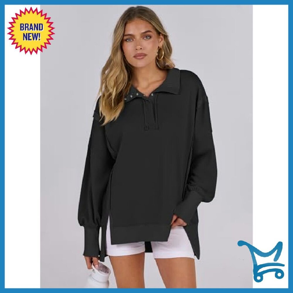 Oversized Henley Sweatshirt, Rayon Polyester Blend, High Low Split - Picture 6 of 8